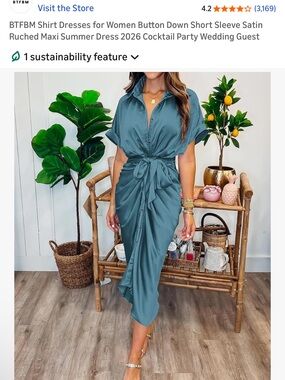 Tie-Waist Satin Shirt Midi Dress in Teal by BTFBM